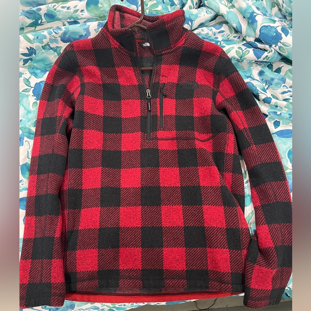The North Face Red and Gray Checkered Fleece Jacket